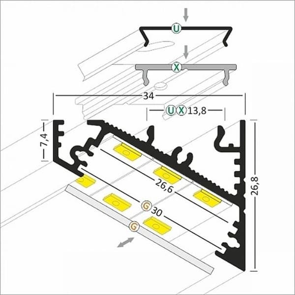 PROVISTON Profil LED i aluminium 34 x 26,8 x 2000 mm Anodiserad silver LED-belysning Indirekt belysning LED-remsor 1 styck