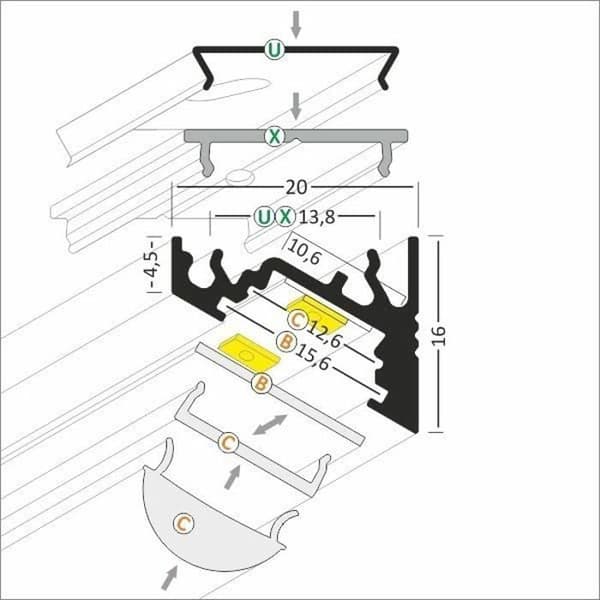 PROVISTON Profil LED i aluminium 20 x 16 x 2000 mm Vit LED-belysning Indirekt belysning LED-stänger 1 styck