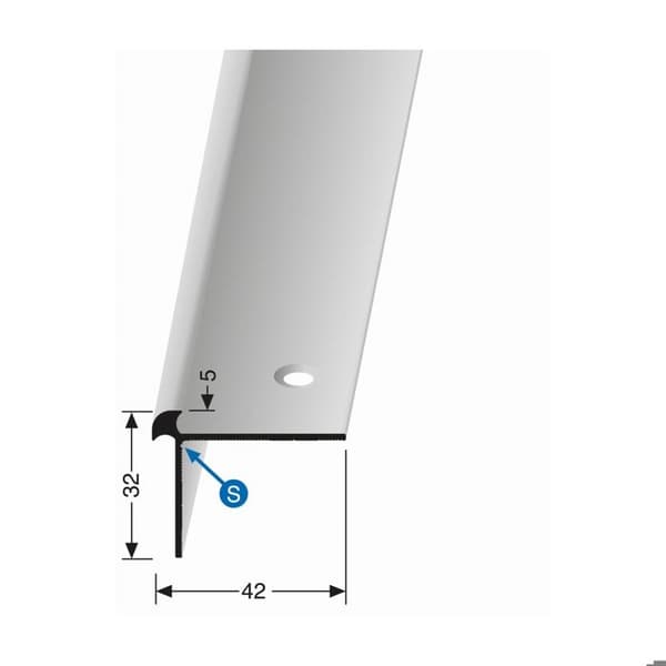 Profil av snedsteg 32 x 42 mm Vinklad aluminium Slät Inbyggd Genomborrad Küberit L 1000 mm Rostfritt stål