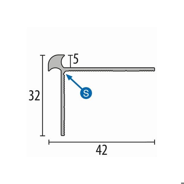 Profil av snedsteg 32 x 42 mm Vinklad aluminium Slät Inbyggd Genomborrad Küberit L 1000 mm Rostfritt stål