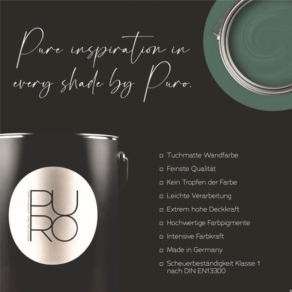 Grön väggfärg PURO Lustrous Green Dispersion exklusiv för inomhusbruk Hög intensitet på 1 liter