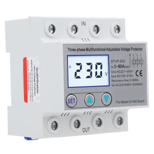 Justerbar spændingsbeskytter, 3-fase, LCD-display, automatisk nulstilling,80A