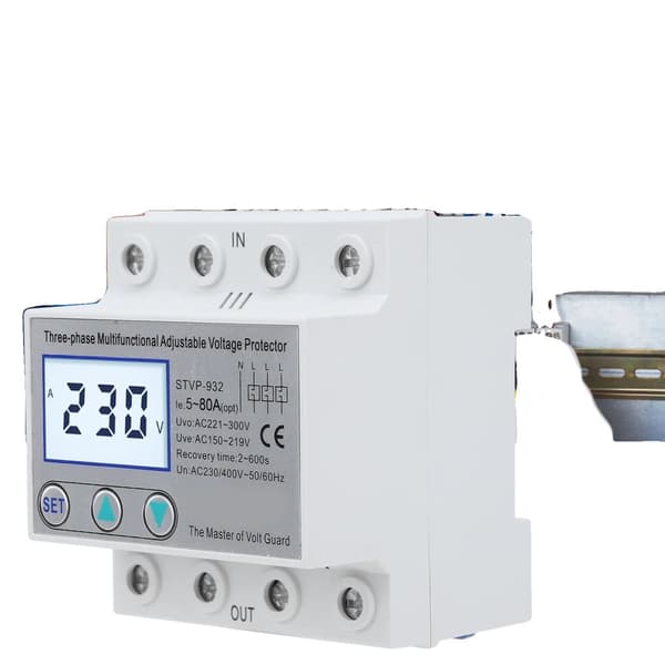 Justerbar spændingsbeskytter, 3-fase, LCD-display, automatisk nulstilling,80A