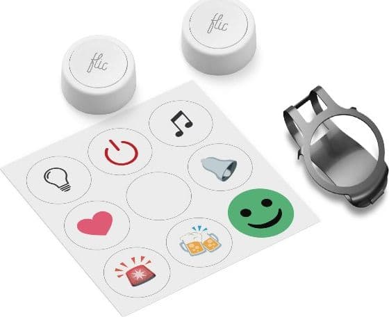 "Flic Smart Button Double Kit" - programmerbara smarta knappar (2 knappar, metallklämma, limsats)