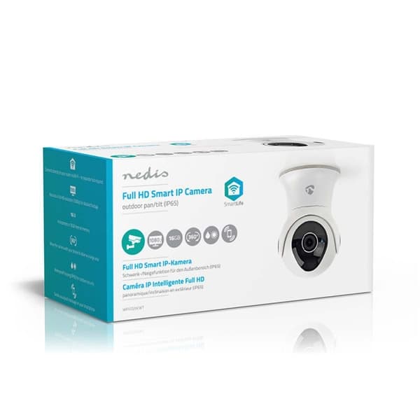 Nedis SmartLife Utendørs kamera | Wi-Fi | Full HD 1080p | Panorering og vipping | IP65 | Cloud Storage (valgfritt) / Internt 16GB | 12 V DC | Med beve