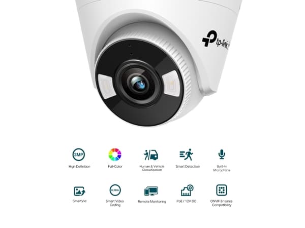 TP-Link VIGI C430, IP-sikkerhetskamera, Inne & Ute, Koblet med ledninger (ikke trådløs), CE/BSMI/VCCI/ONVIF, Tak, Sort, Hvit