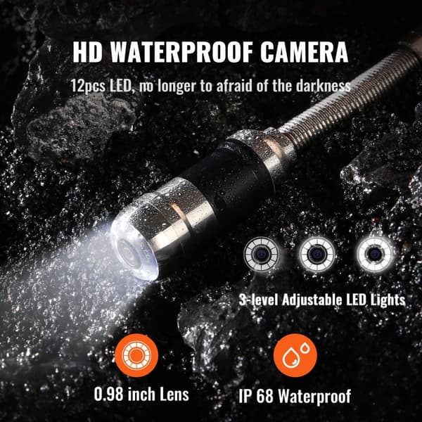 Viemäritarkastuskamera 7 tuuman näyttö - 480p kamera, 12 LEDiä, 4500 mAh akku & 16 GB SD-kortti