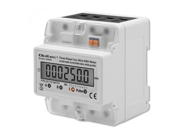 Qoltec 50900 Trefaset elektronisk energiforbrugsmåler | 400V | LCD | 4P | DIN skinne