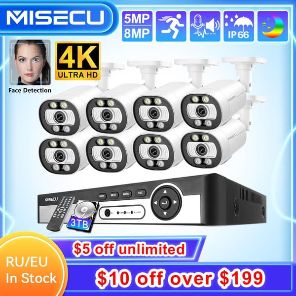 8CH 4K 5MP AI Sikkerhedskamera System - Ansigtsregistrering 8MP CCTV Videoovervågningssæt, Farve Natvision NVRP2P