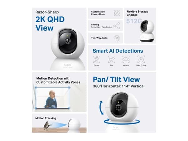 TP-Link Tapo C220, IP-säkerhetskamera, inomhus, Trådlös, Bord, Vit, Svart, Sfärisk