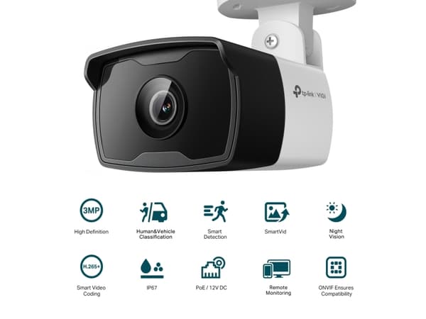 TP-Link VIGI C330I, IP-säkerhetskamera, Utomhus, Kabel, CE/BSMI/VCCI/ONVIF, Tak/vägg/stång, Svart, Vit