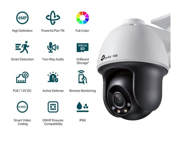 TP-LINK | VIGI 4MP Outdoor Full-Color Pan Tilt Network Camera | VIGI C540 | month(s) | Dome | 4 MP | 4 mm | IP66 | H.265+/H.265/H.264+/H.264 | MicroSD Sort, Hvit