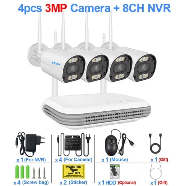 Trådlöst CCTV-system, 5MP HD-upplösning, AI-ansiktsigenkänning, , None, 8CH NVR 4 Cams 3MP