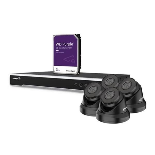 EtiamPro 4 MP IP VIDEOÖVERVAKNINGSSET - 8 KANALER NVR-INSPELARE - 4 x SVART IP KUPEKAMERA - 3 TB HD - KABLAR