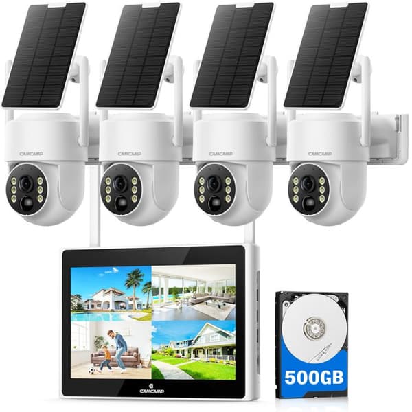 CAMCAMP 4MP Wireless Outdoor WiFi Solar Surveillance Camera Kit med 10" NVR-skärm 500GB lagring