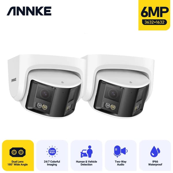 Dobbeltlinse 6MP PoE Sikkerhedskamera, 180° Udsigt, Natvision, AI Bevægelsesdetektion,6MP 2STK I51DX