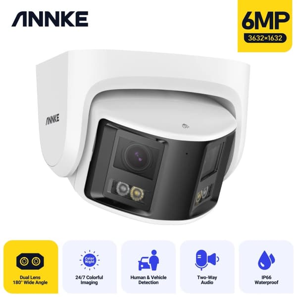 Dobbeltlinse 6MP PoE Sikkerhedskamera, 180° Udsigt, Natvision, AI Bevægelsesdetektion,6MP 2STK I51DX