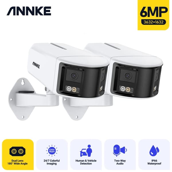 Dobbeltlinse 6MP PoE Sikkerhedskamera, 180° Udsigt, Natvision, AI Bevægelsesdetektion,6MP 2STK I51DX