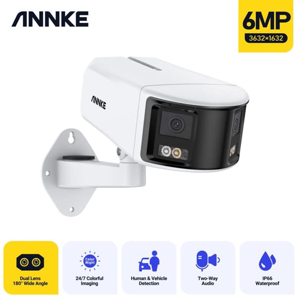Dobbeltlinse 6MP PoE Sikkerhedskamera, 180° Udsigt, Natvision, AI Bevægelsesdetektion,6MP 2STK I51DX