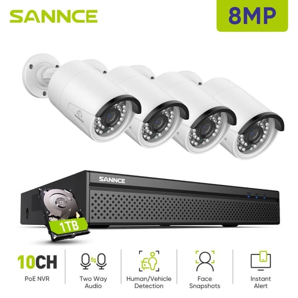8MP CCTV Overvågningssystem, PoE, Smart Detektion, To-Vejs Lyd,4 stk. 0TB
