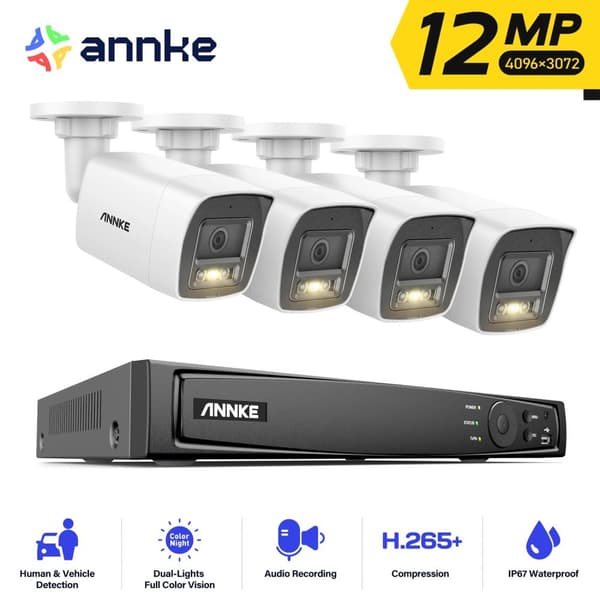 12MP Sikkerhedskamerasystem, Indbygget Mikrofon, PoE & IP67 Vandtæt,4 stk. 12MP type 2, Ingen