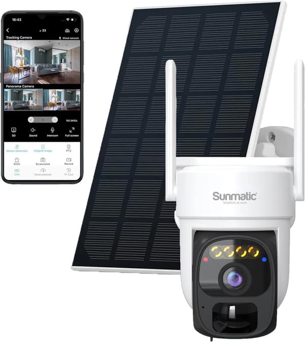 Sunmatic 2K Övervakningskamera med Batteri och Solpanel | Wifi Kamera för  Utomhusbruk | Nattseende | Vattentät | TF-lagring och App | Smart Rörelsede