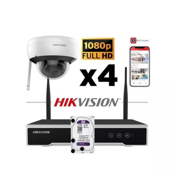 HIKVISION Wi-Fi IP Kit 4 Fixed Bullet Kameror 2MP IR 30m + 1 NVR Wi-Fi 4 kanaler + 1 hårddisk 1 TB