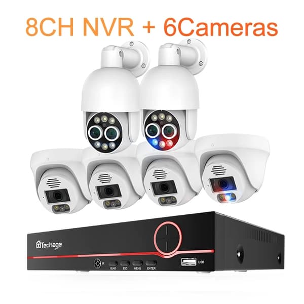 Smart sikkerhedskamera system, 8MP opløsning, AI menneskedetektion,Ingen, 8CH NVR 6 Kamera A