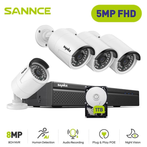 SANNCE 5MP Overvågningskit, Smart IR Nattesyn, H.265+ Videokompression,6STK 0TB