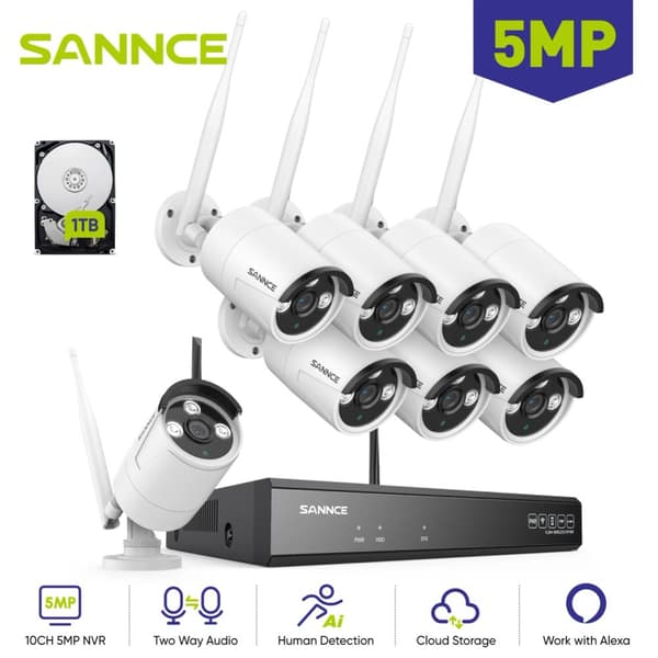 SANNCE 5MP Wifi Overvågningskamera, To-Vejs Lyd, Nattesyn op til 100ft,6STK 1TB