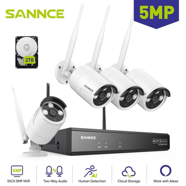 SANNCE 5MP Wifi Overvågningskamera, To-Vejs Lyd, Nattesyn op til 100ft,6STK 1TB