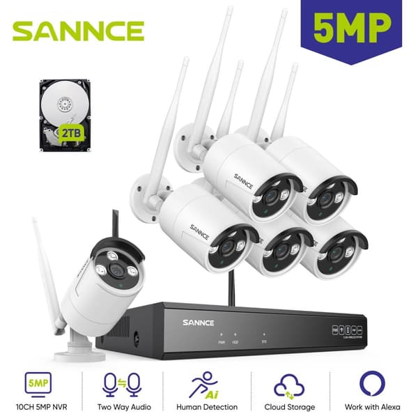 SANNCE 5MP Wifi Overvågningskamera, To-Vejs Lyd, Nattesyn op til 100ft,6STK 1TB