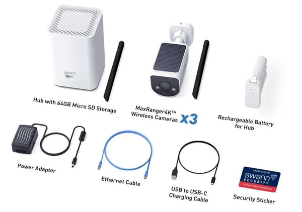 Swann MaxRanger4K™ Solar 3-Pack Camera Wireless Security System inkl 64GB SD Card Hub