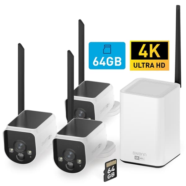 Swann MaxRanger4K™ Solar 3-Pack Camera Wireless Security System inkl 64GB SD Card Hub