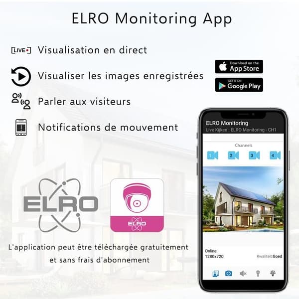 ELRO CZ60RIPS Color Night Vision Surveillance Camera Kit med 9 skärmar och appar - 1080P HD-upplösning
