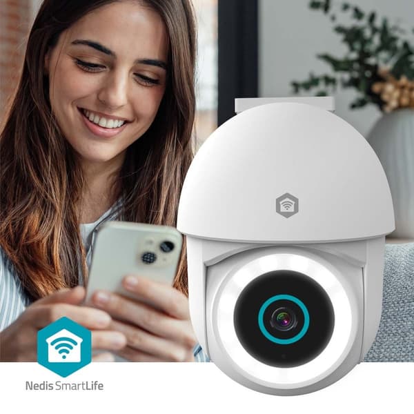 Nedis SmartLife Utendørs kamera | Wi-Fi | Søkelys | 3MP Full HD 1296p | Panorering og vipping | IP65 | Cloud Storage (valgfritt) / microSD (ikke inklu