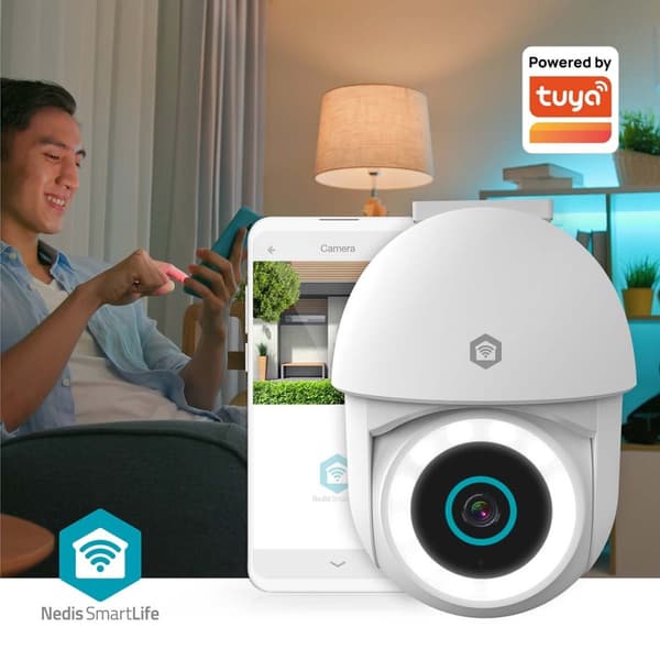 Nedis SmartLife Utendørs kamera | Wi-Fi | Søkelys | 3MP Full HD 1296p | Panorering og vipping | IP65 | Cloud Storage (valgfritt) / microSD (ikke inklu
