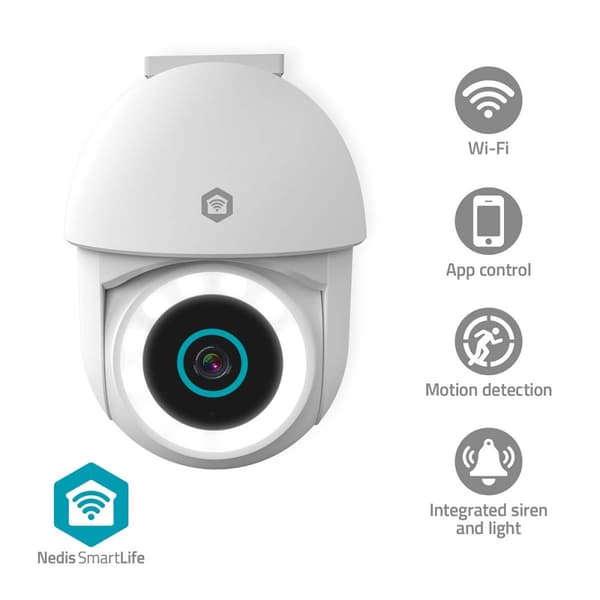 Nedis SmartLife Utendørs kamera | Wi-Fi | Søkelys | 3MP Full HD 1296p | Panorering og vipping | IP65 | Cloud Storage (valgfritt) / microSD (ikke inklu