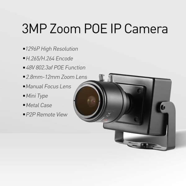 Revotech Mini 3MP POE IP Kamera, Manuell Zoom 2,8-12mm, PoE-driven, Hemsecurity CCTV Kamera