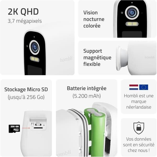 Hombli Batteri Cam 2K Mångsidig Batteridriven Säkerhetskamera med Flexibel Montering, 2K QHD, Tvåvägsljud Snabb Laddning