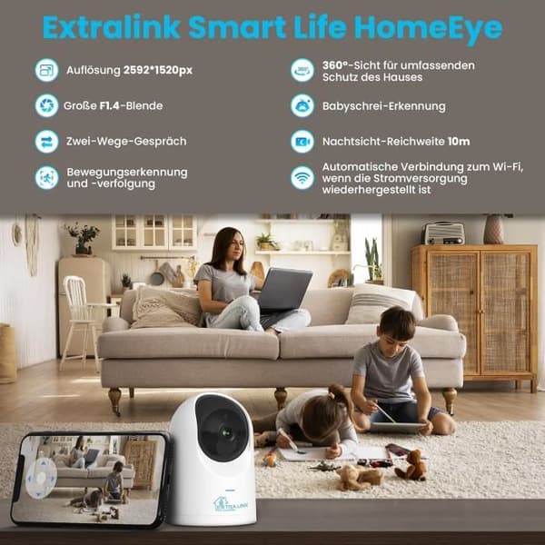 EXTRALINK Smart Life HomeEye Kameraövervakning WiFi, IP Kamera, Inomhuskamera PTZ, 4MP