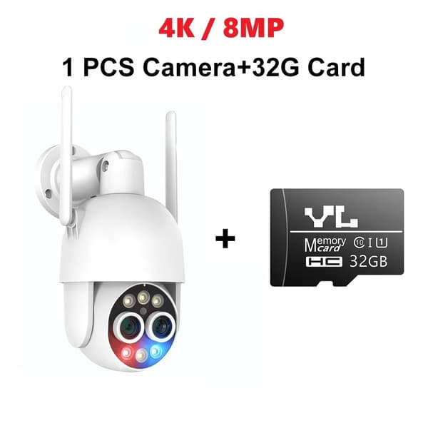 WiFi Udendørs Kamera, 8MP Opløsning, Fleksibelt Dobbelt Linse Design,1 stk 8 MP Tilføj 32G kort