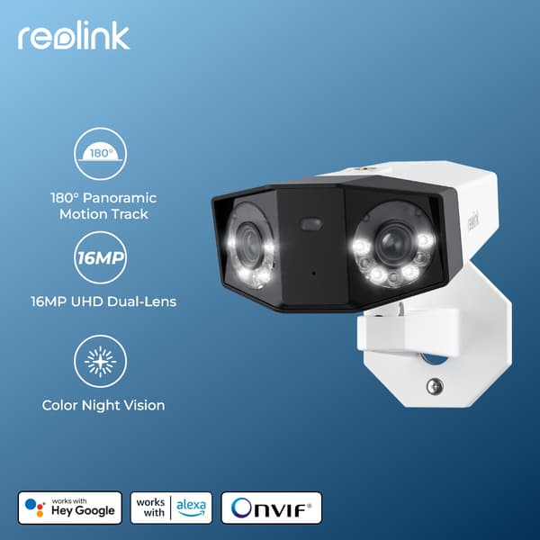 Reolink Dual-Lens Sikkerhedskamera, 16MP UHD Opløsning, 180° Panorama Udsigt, To-Vejs Lyd