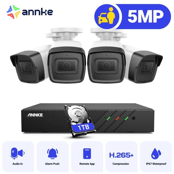 5MP Videoovervågningskamera System, 8 Kanal Indgang, H.265+ Kompression,4 stk 1TB