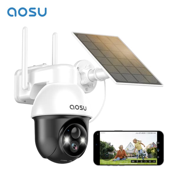 AOSU PTZ Solarsikkerhedskamera, 3MP HD-opløsning, 360-graders dækning, tovejskommunikation