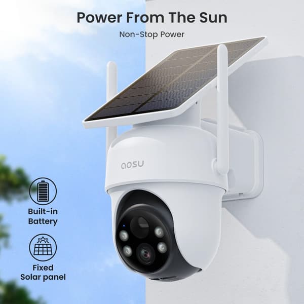 AOSU Solar WiFi Säkerhetskamera, 2K Upplösning, 360-Graders Täckning, Tvåvägsljud