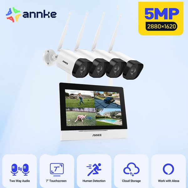 CCTV-system, 5MP HD-opløsning, Wi-Fi-forbindelse, 4-kanals indgang