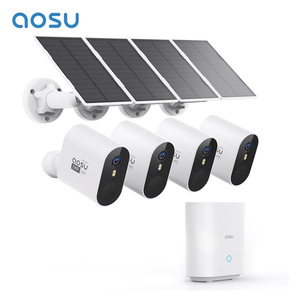 AOSU Trådløst Solkamera System, 5MP Opløsning, 166° Synsfelt, Ingen Abonnementsgebyrer