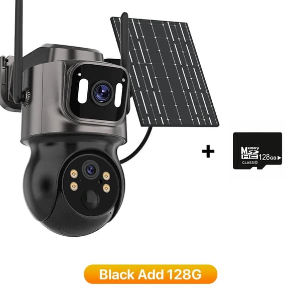 Solär IP-säkerhetskamera, 4MP Ultra HD, dubbellinsystem,Svart Lägg till 128G