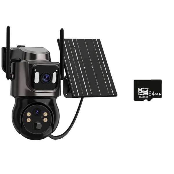 Langaton aurinkokamera, kaksoislinsseillä, 4MP korkea tarkkuus,2 Linssiä Lisää 64G